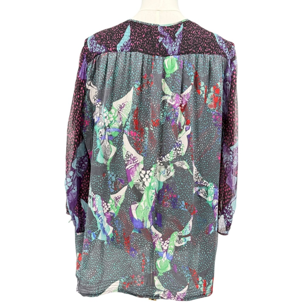 Custo Barcelona Womens Abstract Print Keyhole Tie Neck Chiffon Blouse 4 Flaw - Picture 7 of 8